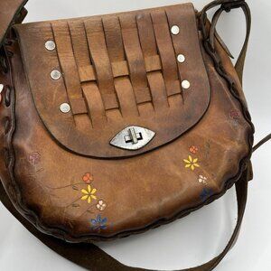Vintage 70s Tooled Leather Shoulder Bag Boho Hippie Handcrafted Saddle Floral